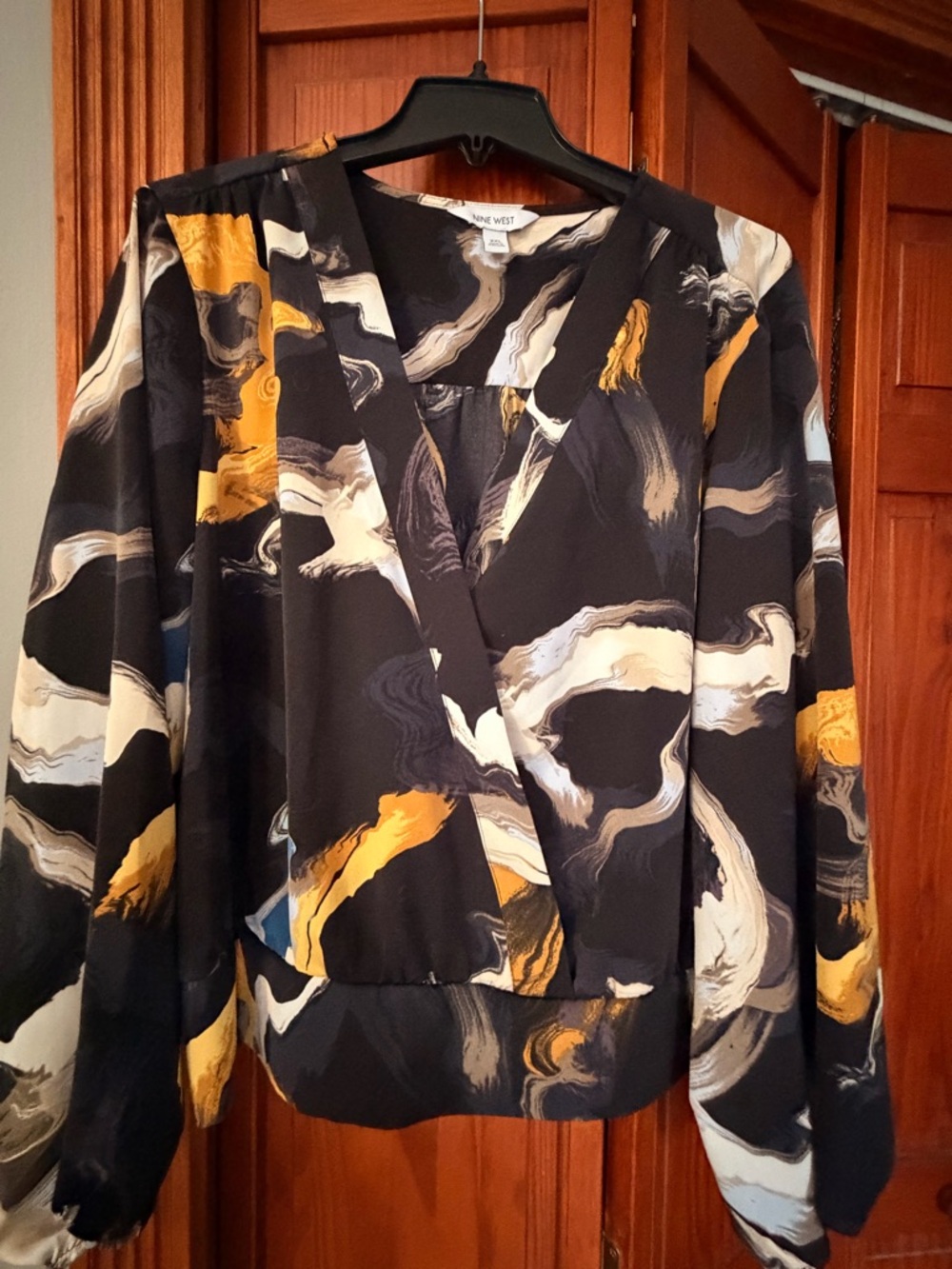 Nine West Black Swirl Print Wrap-Style Blouse with Mustard & Cream Accents